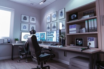 A sleek, contemporary medical workspace featuring multiple screens displaying brain images, shelves with files, and a comfortable office chair.