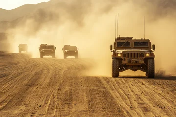 Fototapete Fahrzeug A convoy of military vehicles powers through a dusty desert landscape, their imposing presence kicking up clouds of sand under the scorching sun.  © Kitta Studio