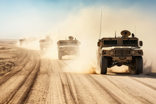 A convoy of military vehicles crosses a dusty desert with determination and grit, creating billowing clouds of dust under a bright, clear sky.