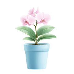 A delicate illustration of a pink orchid blooming in a blue pot, isolated on a transparent background. The transparency makes it easy to incorporate into various design projects