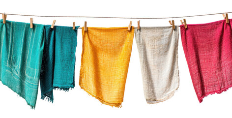 Colorful fabric draped on a clothesline in a bright setting during the day, cut out - stock png.
