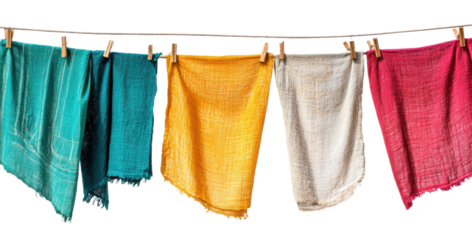 Colorful fabric draped on a clothesline in a bright setting during the day, cut out - stock png.