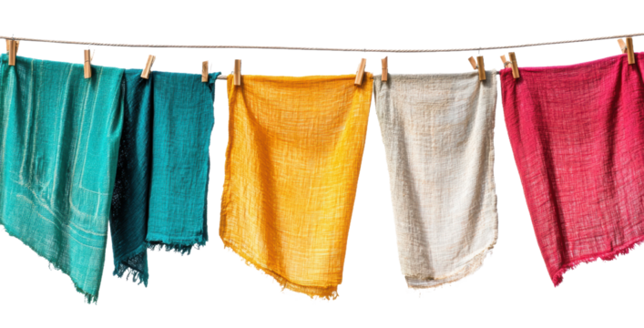 Colorful fabric draped on a clothesline in a bright setting during the day, cut out - stock png.