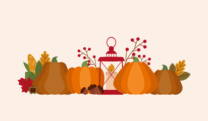 Autumn vector composition with pumpkins, berries, corn, leaves and a lantern. Fall cute illustration for banner, cards and posters. Hand drawn elements in simple geometric shapes. Thanksgiving holiday