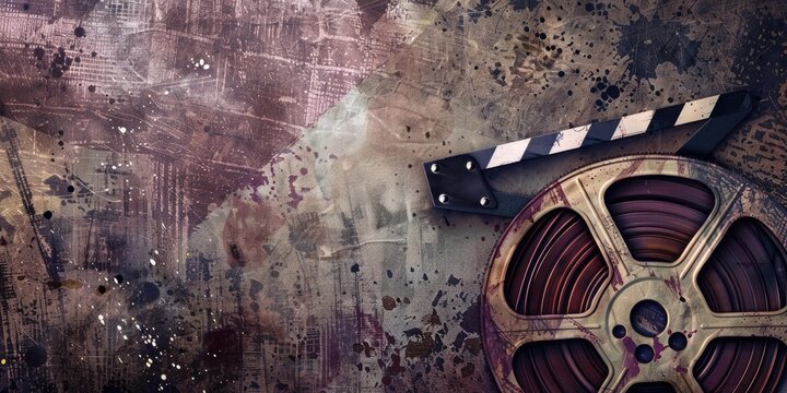 Film reel and clapperboard on a textured background.