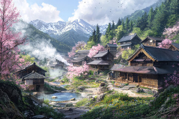 Fototapeta premium Serene Japanese Mountain Village with Traditional Wooden Homes Surrounded by Blossoming Cherry Trees and Stunning Snowcapped Mountain Views