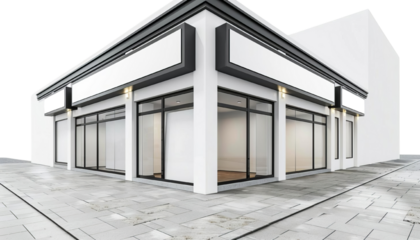 Modern commercial building with large glass windows, ideal for retail or office space in a bustling urban area.