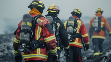 Firefighters in Protective Gear Responding to Industrial Fire at Dawn