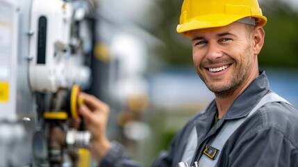 Smiling Technician Performing Maintenance on Gas Meters in Outdoor Setting