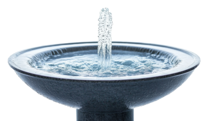 Water fountain with a steady stream in a decorative basin during a bright daylight setting, cut out - stock png.