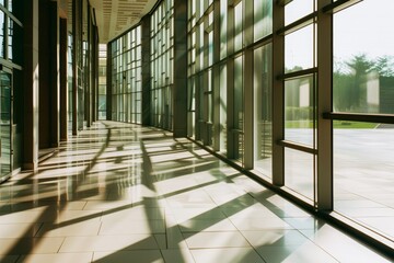 Obraz premium Bright sunlight streams through the vast windows of a curving modern hallway, casting complex patterns of light and shadow on the polished floor.