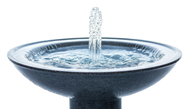 Water fountain with a steady stream in a decorative basin during a bright daylight setting, cut out - stock png.