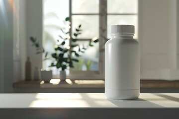 A white bottle in a minimalist kitchen setting, with sunlight filtering through a window, accentuating a calm and clean atmosphere.