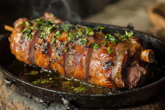 Succulent Peruvian-style lech&oacute;n cooking over an open flame, seasoned with fresh herbs, showcasing golden, crispy skin and mouthwatering aroma.