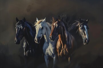 Obraz premium Four majestic horses gallop forward, emerging from the shadows in a powerful display of strength and grace.