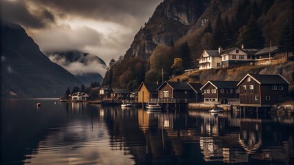 Obraz premium Beautiful scenery of buildings near the lake shrouded in a mysterious fog surrounded by fjords