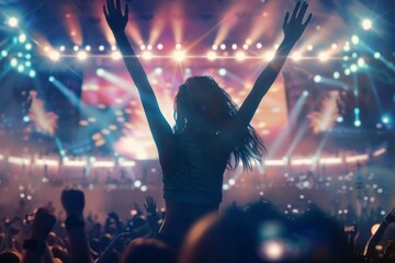 Silhouette of an exuberant crowd and a young woman with raised hands at a concert, illuminated by colorful stage lights.