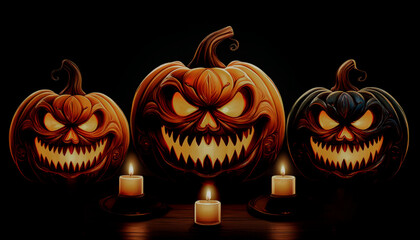 Illustration of three terrifying pumpkins with a black background, Halloween poster