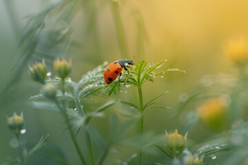 Obraz premium Close-up of a ladybug on a dewy leaf in a natural setting. Beautiful simple AI generated image in 4K, unique.