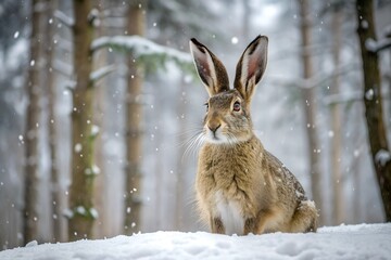 A hare sits in the forest on a meadow during snowfall