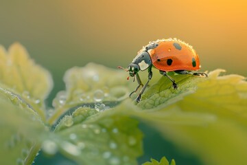 Obraz premium Ladybug on a Dew-Covered Leaf in a Dreamy Green Garden. Beautiful simple AI generated image in 4K, unique.