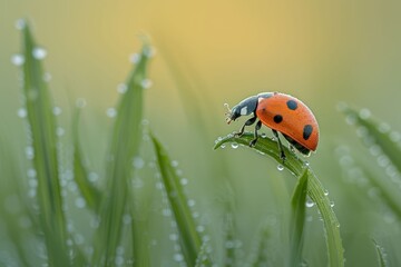 Obraz premium Close-up of a ladybug on a dewy leaf in a natural setting. Beautiful simple AI generated image in 4K, unique.