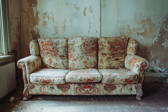A worn floral sofa against a peeling wall, showcasing the beauty of decay and the passage of time in a forgotten room.