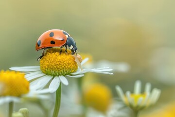 Fototapeta premium Close-up of a ladybug showing its bright colors and intricate patterns. Beautiful simple AI generated image in 4K, unique.