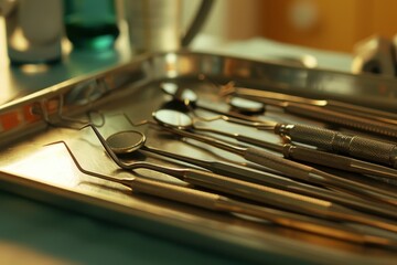 A tray filled with neatly arranged dental tools indicates a clean, organized, and professional dental practice ready for use.