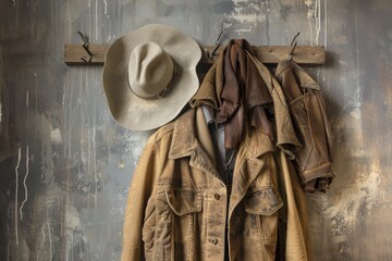An assortment of cowboy jackets and hats hang against a weathered, textured wall, embodying rustic and vintage western charm.