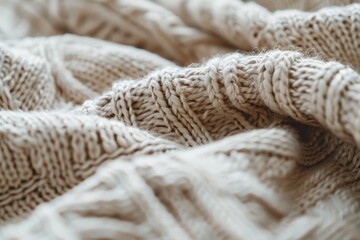Fototapeta premium Close-up of a soft, cream-colored knitted fabric with intricate patterns, capturing the warmth and texture.