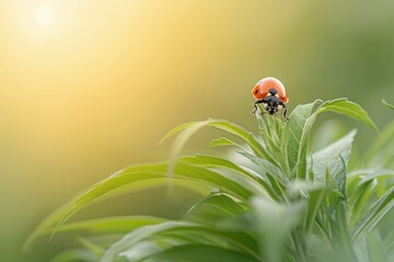 Fototapeta premium Extreme close-up of a ladybug crawling on a moss-covered rock.. Beautiful simple AI generated image in 4K, unique.