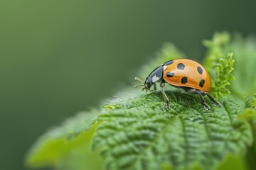 Fototapeta premium Extreme close-up of a ladybug crawling on a moss-covered rock.. Beautiful simple AI generated image in 4K, unique.