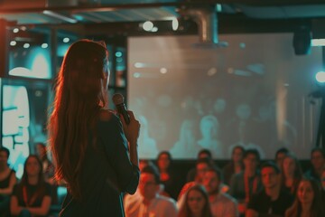 A woman speaking confidently to an attentive audience at a conference, enhanced by dynamic lighting, highlighting the energy and focus of the event.