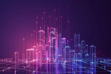 Fototapeta premium A futuristic cityscape composed of neon lights and geometric shapes, creating a digital urban environment that evokes a sense of innovation.