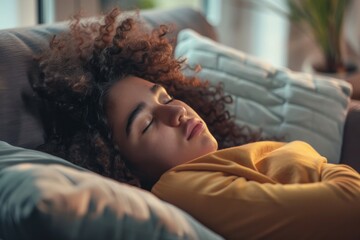 A young person peacefully sleeps on a couch, surrounded by soft pillows, highlighting a moment of rest and tranquility in a cozy home environment.