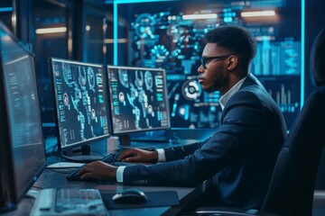 A professional man in a suit and glasses works on multiple screens in a high-tech office space, surrounded by data and analytics displays, emphasizing modern technology.