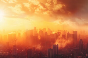 Metropolitan skyline engulfed in a warm golden haze at sunset, the brilliance of the setting sun casting silhouettes of skyscrapers and creating an ethereal atmosphere.