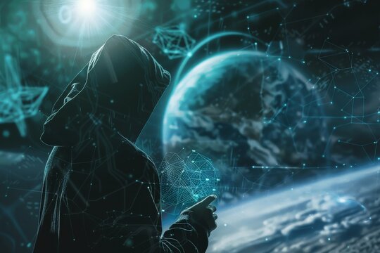 Figure in a hooded jacket stares at the digital representation of the Earth, symbolizing global connectivity and the power of technology.