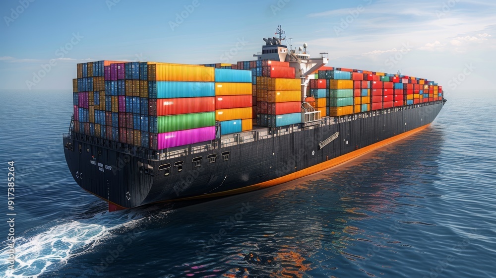 Wall mural large cargo ship sailing through calm waters with colorful containers stacked high against a clear b