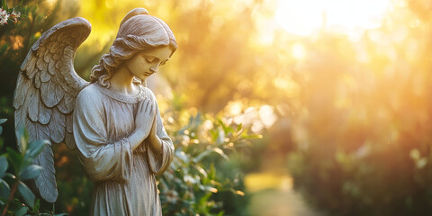 angel statue in sunlit garden symbol of mourning and remembrance with bokeh background, copy space for tex