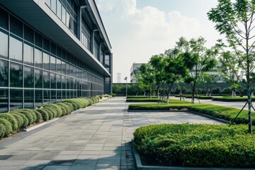 A modern office building surrounded by neatly maintained shrubs and trees, under a clear sky on a bright day.