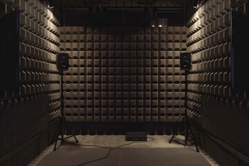 An anechoic chamber with soundproof walls and equipment, capturing the science of sound isolation and testing.