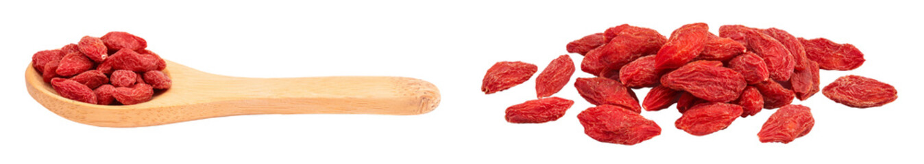 Dried goji berries in wooden spoon isolated on white background with full depth of field