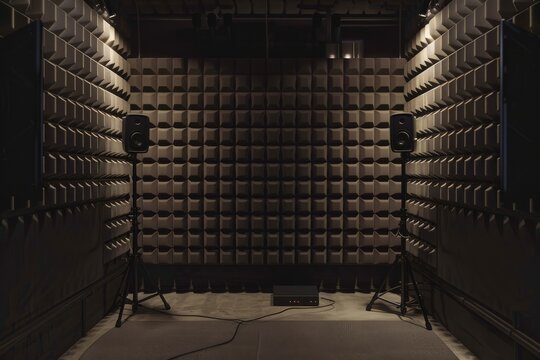 An anechoic chamber with soundproof walls and equipment, capturing the science of sound isolation and testing.