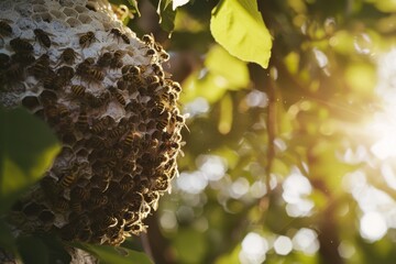 A busy cluster of bees diligently buzzing around a beehive nestled in the branches of a tree under the golden sunlight.