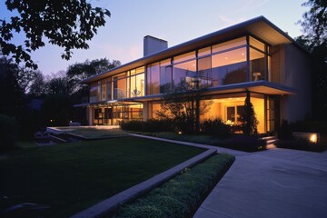 Obraz premium A sleek modern house, illuminated at twilight, stands elegantly with large windows reflecting the deepening blue sky and surrounding foliage.