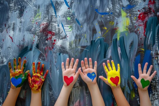 Children's hands, painted with bright colored hearts, reach upwards in front of a vibrant, abstract backdrop creating a lively, creative scene.