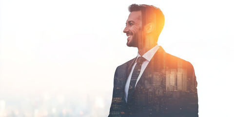 Double exposure of businessman and cityscape, business concept double exposure with a smiling man in a suit standing on an office background