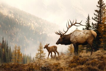 Fototapeta premium A regal elk stands on a hillside beside its young calf, surrounded by autumn foliage and a misty mountain backdrop, capturing nature's beauty.